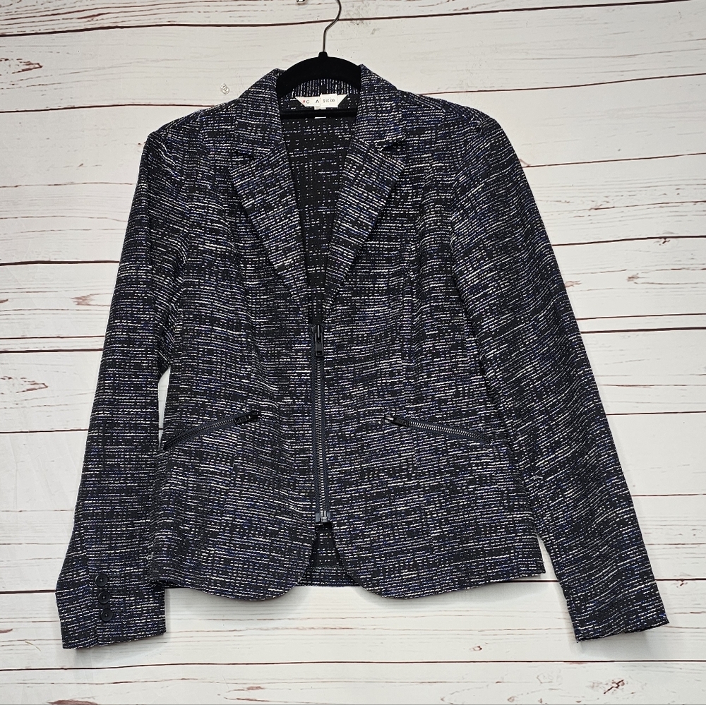 CAbi Mingle Tweed Navy Zip Front Blazer